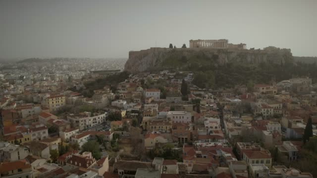 Aerial-view-of-the-parthenon-temple-on-acropolis-hill-and-the-skyline-of-Athens.