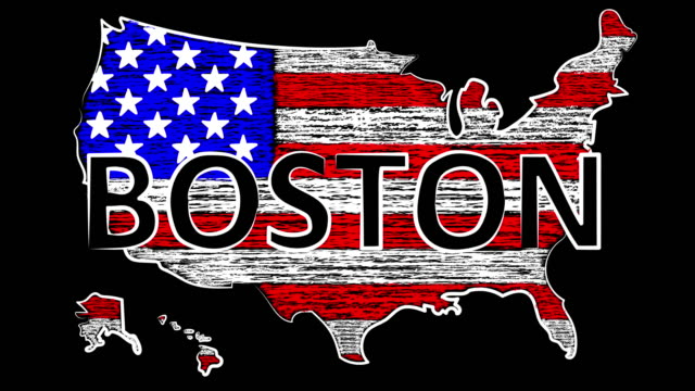 Boston-Animation.-USA-der-Name-des-Landes.-Färben-der-Karte-und-des-Flags.