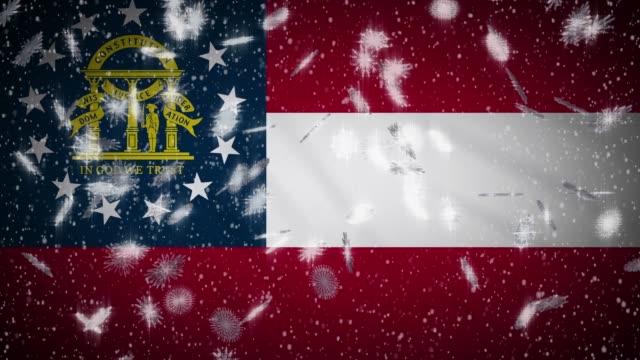 Georgien-Flagge-fallen-Schnee,-Neujahr-und-Weihnachten-Hintergrund,-Schleife