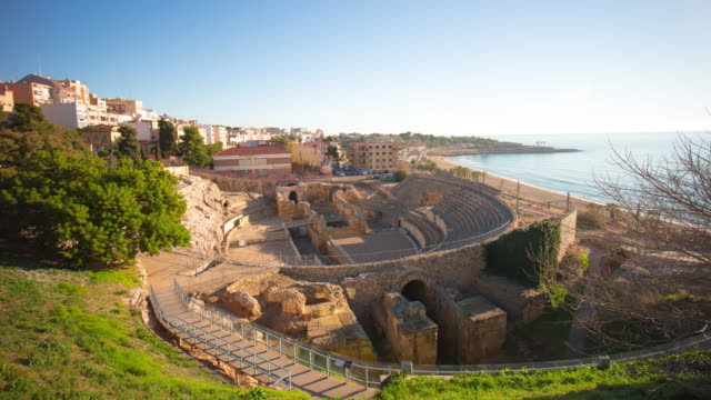Sonniger-Tag-Tarragona-Amphitheater-Panorama-\"-4-k-Zeitraffer-Spanien