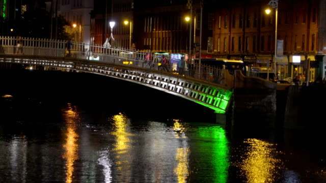 Reflection-of-the-city-lights-on-the-bridge-in-Dublin
