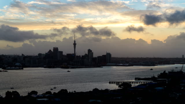 Sunset-Time-Lapse---Auckland-Sky-Tower-and-Harbour-in-Auckland