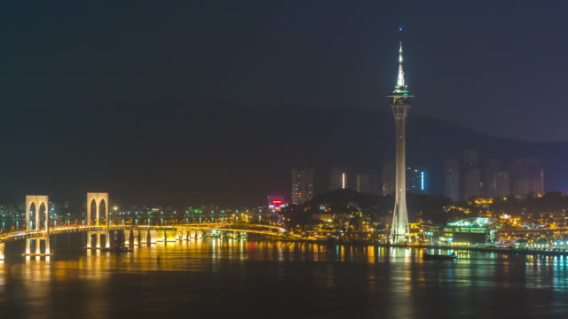China-noche-luz-famoso-Macao-torre-puente-Bahía-panorama-4k-lapso-de-tiempo