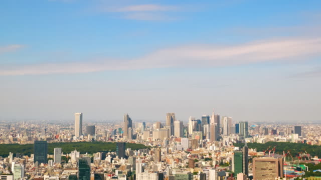 Rascacielos-y-el-cielo-de-otoño-temprano-en-Shinjuku,-Japón-(Timelapse-video-zoom)