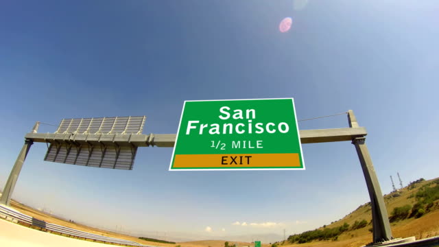 4-K-conducir-en-la-autopista/interestatal,-señal-de-salida-de-la-ciudad-de-San-Francisco,-California