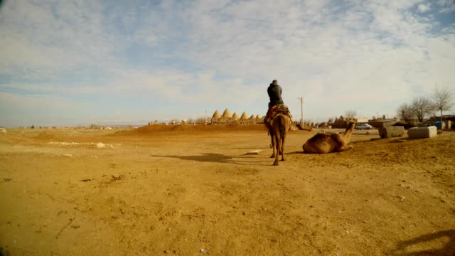 Reiter-auf-einem-Kamel-ging-an-die-Lehmhäuser-im-arabischen-Dorf,-nahe-der-Grenze-zwischen-der-Türkei-und-Syrien