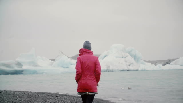 Rückansicht-des-jungen-attraktiven-Frau-zu-Fuß-in-Eis-Lagune.-Nachdenklich-weiblich-die-berühmte-Sehenswürdigkeit-in-Island-allein-erkunden