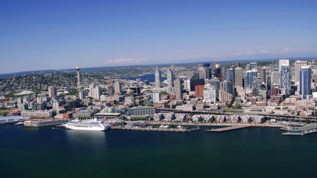 Helicopter-Filming-Seattle-Oceanfront-Cityscape-on-Sunny-Day
