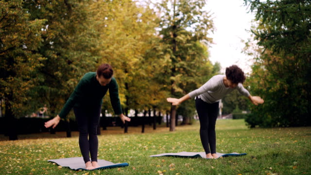 Two-good-looking-women-are-doing-yoga-in-park-on-mats-practising-asanas-and-breathing-fresh-air.-Individual-practice,-professional-teacher-and-nature-concept.