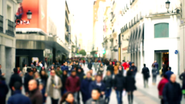 People-on-streets-of-Madrid,-Spain.-Slow-motion.-Out-of-focus.