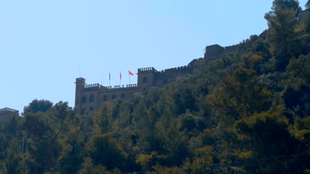 Castillo-medieval-en-la-cima-de-una-montaña-arbolada-en-la-España