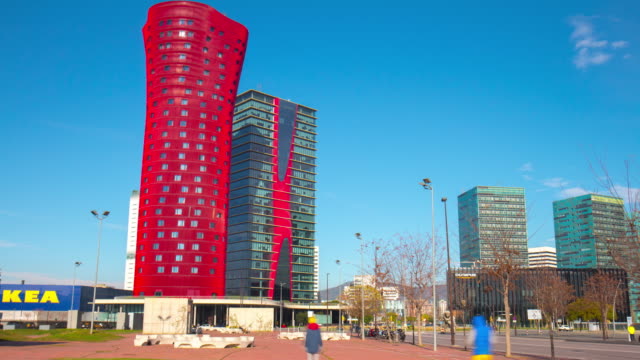 barcelona-sun-light-santos-porta-fira-hotel-panorama-4k-time-lapse-spain