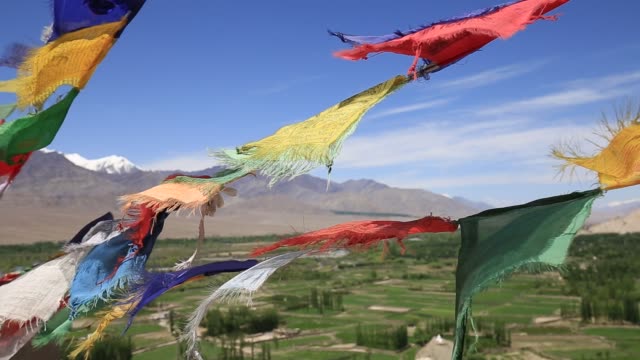 Colorful-Buddhist-prayer-flags-at-temple-in-Leh,-Ladakh,-India,-Ladakh,-North-India