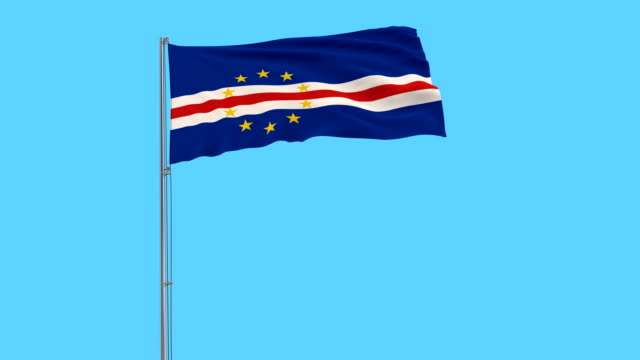 Isolate-flag-of-Cape-Verde-on-a-flagpole-fluttering-in-the-wind-on-a-blue-sky-background,-3d-rendering