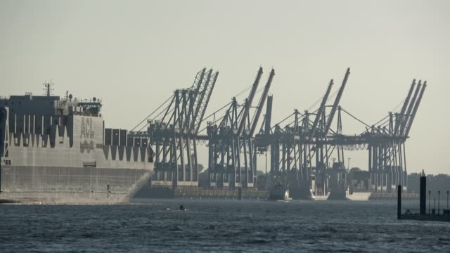 Ro-Ro/Container-Carrier,-Containerschiff,-Ladekranen,-Hafen-Hamburg,-4K
