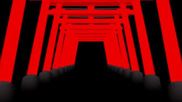 Torii-japoneses-perspectiva-3D-virtual-color-rojo-capa-en-movimiento-sobre-fondo-negro,-sin-costuras,-bucle-de-animación-4K-con-espacio-de-copia