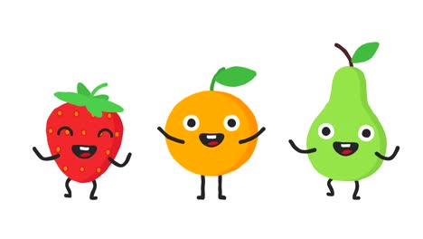 Gruppe-tanzen-Früchte-Erdbeere-orange-Birne.-Loop-Animation.-Alpha-Kanal.
