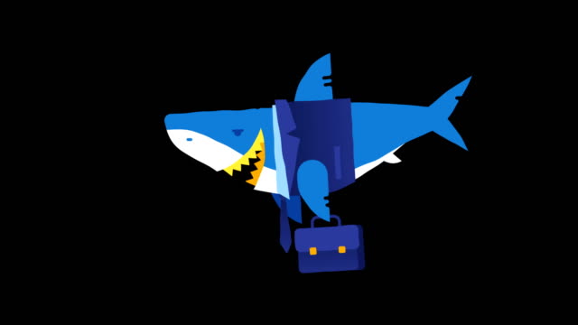 Tiburones-de-negocios-de-carácter-sosteniendo-el-maletín-y-sonriendo.-Animación-en-bucle.-Canal-alfa.