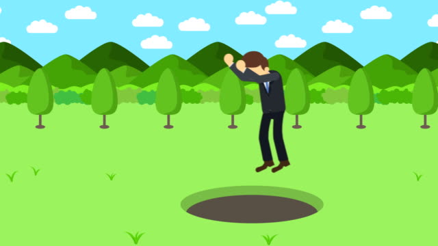 Business-man-jump-over-the-hole.-Background-of-mountains.-Risk-concept.-Loop-illustration-in-flat-style.