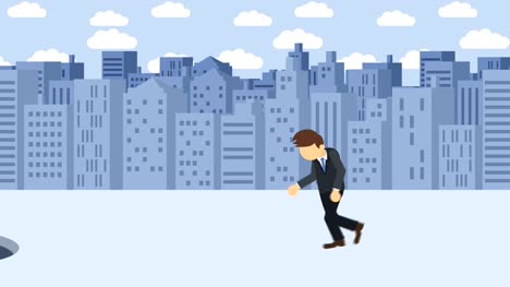 Business-man-jump-over-the-hole.-Background-of-buildings.-Risk-concept.-Loop-illustration-in-flat-style.