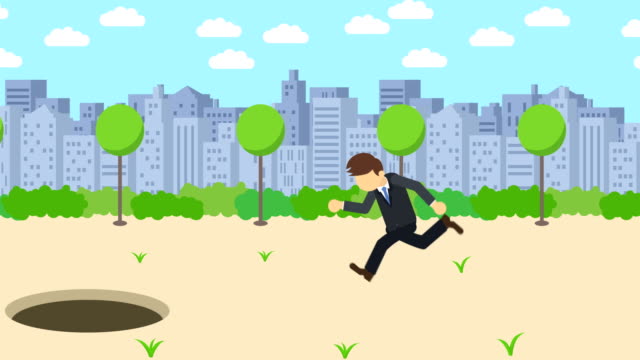 Business-man-jump-over-the-hole.-Background-of-town.-Risk-concept.-Loop-illustration-in-flat-style.
