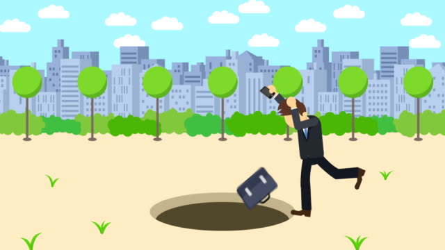 Business-man-fall-into-the-hole.-Background-of-town.-Risk-concept.-Loop-illustration-in-flat-style.