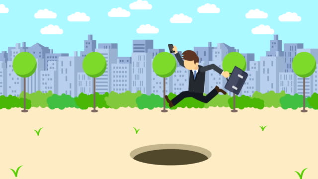 Business-man-jump-over-the-hole.-Background-of-town.-Risk-concept.-Loop-illustration-in-flat-style.