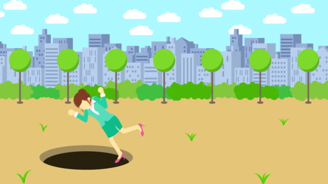 Business-woman-fall-into-the-hole.-Background-of-town.-Risk-concept.-Loop-illustration-in-flat-style.