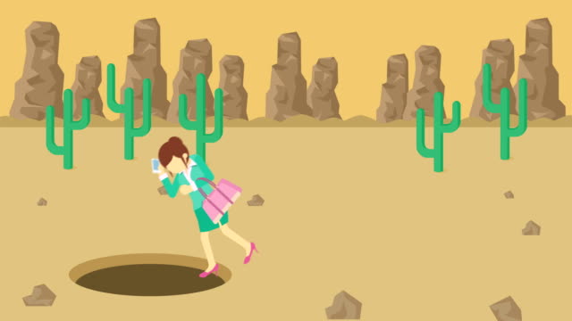Business-woman-fall-into-the-hole.-Background-of-desert.-Risk-concept.-Loop-illustration-in-flat-style.