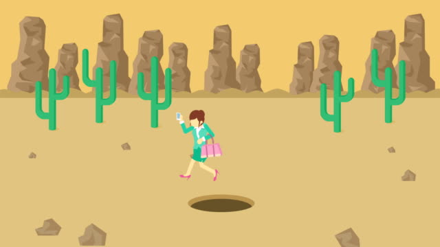 Business-woman-jump-over-the-hole.-Background-of-desert.-Risk-concept.-Loop-illustration-in-flat-style.
