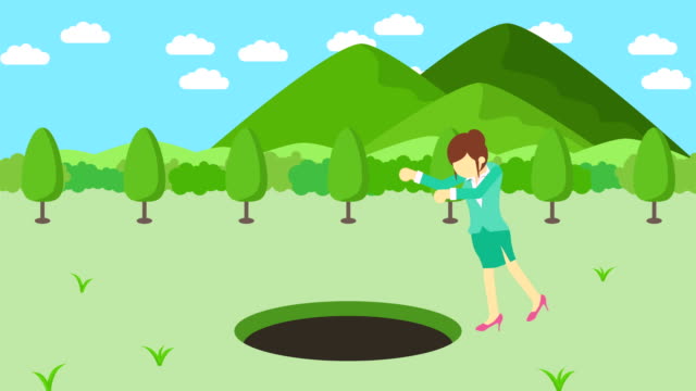 Business-woman-fall-into-the-hole.-Background-of-mountains.-Risk-concept.-Loop-illustration-in-flat-style.