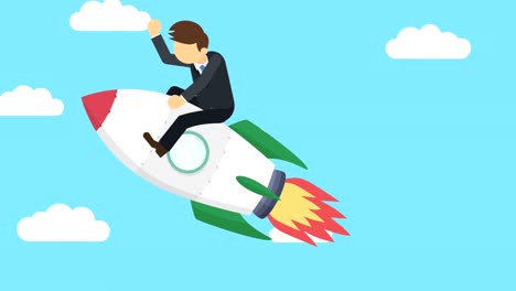 Business-man-flying-on-rocket-through-blue-sky.-Leap-concept.-Loop-illustration-in-flat-style.