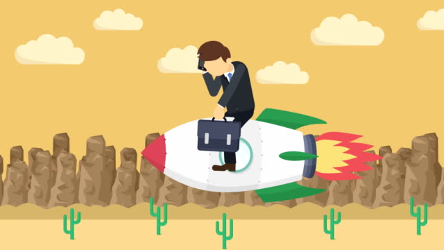 Business-man-flying-on-rocket-through-the-desert.-Leap-concept.-Loop-illustration-in-flat-style.