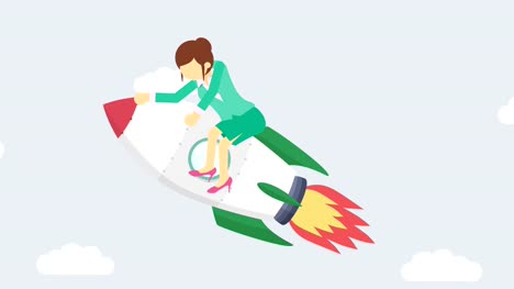 Business-woman-flying-on-rocket-through-cloud-sky.-Leap-concept.-Loop-illustration-in-flat-style.