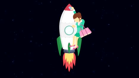 Business-woman-flying-on-rocket-through-the-space.-Leap-concept.-Loop-illustration-in-flat-style.
