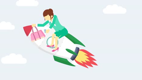 Business-woman-flying-on-rocket-through-cloud-sky.-Leap-concept.-Loop-illustration-in-flat-style.