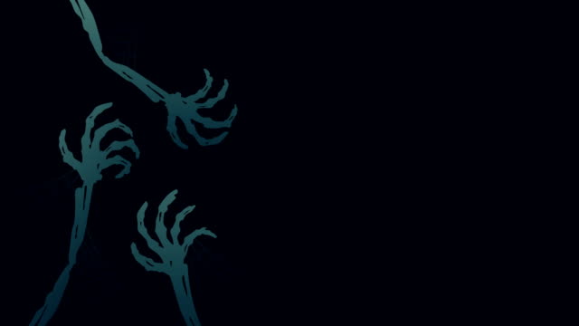 Halloween-hintergrundvorlage,-Skelett-Monster-Hand-Konzept-Design-Darstellung-auf-schwarzem-Hintergrund-nahtlose-Schleife-Animation-4K-mit-textfreiraum