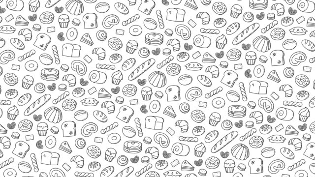 Bäckerei-bewegen-drehen-Muster-Hintergrund-Cartoon-Handzeichnung-Umriss-Schlaganfall-Abbildung-isoliert-auf-weißem-Hintergrund-nahtlose-Schleife-Animation-4K