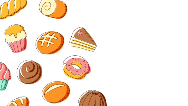 Bäckerei-bewegte-Muster-Hintergrund-cartoon-Handzeichnung-Abbildung-isoliert-auf-weißem-Hintergrund-nahtlose-Schleife-Animation-4K,-mit-Kopie-des-Rechenzentrums