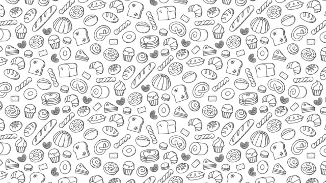Bäckerei-bewegte-Muster-Hintergrund-Cartoon-Handzeichnung-Umriss-Schlaganfall-Abbildung-isoliert-auf-weißem-Hintergrund-nahtlose-Schleife-Animation-4K