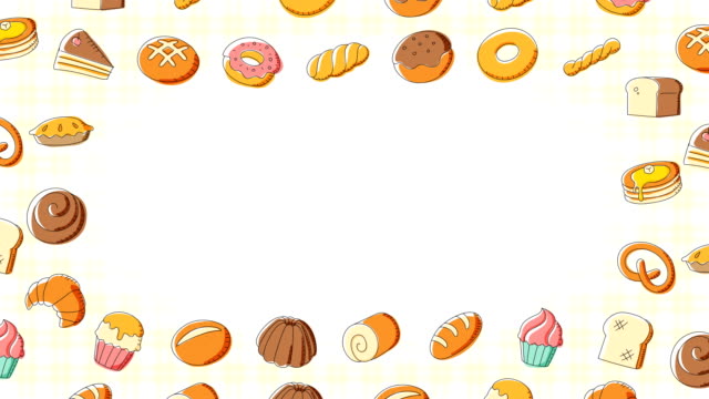 Bäckerei-beweglichen-Wirbel-Rahmen-Muster-Hintergrund-Cartoon-Hand-Zeichnung-Illustration-isoliert-auf-weißem-Hintergrund-nahtlose-Schleife-Animation-4K,-mit-Kopie-des-Rechenzentrums