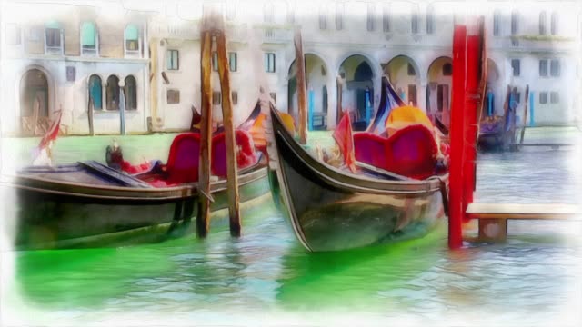 schönen-venezianischen-Gandols-sind-auf-den-Wellen-schaukeln.-Canal-Grande-in-Venedig