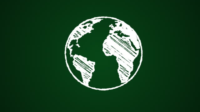 Globus-Erde,-die-mit-Kreide-auf-einer-grünen-Tafel-handgezeichnet-Animation-4-K