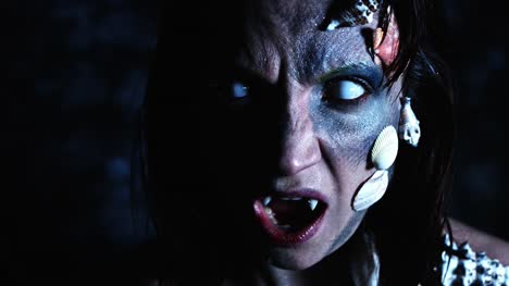 4-k-Halloween-Schuss-ein-Horror-Frau-Meerjungfrau-Geschrei-mit-Vampir-Zähne