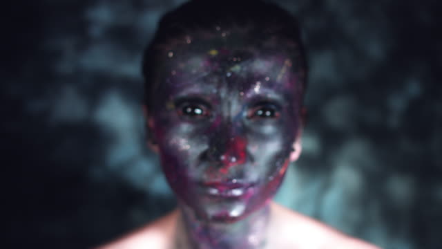 4k-Cosmic-Shot-of-a-Woman-with-Alien-make-up-Moving-Slowly-to-Camera