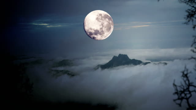 Halloween-footage-:-Timelapse-Dramatic-sky-with-tree,-full-moon-and-clouds-over-mountain,-Cool-blue-tone-uhd-4k.