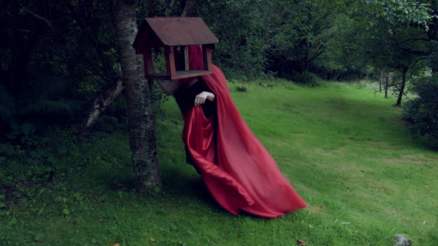 4k-Halloween-Shot-of-Red-Riding-Hood-Running-and-Hiding-Scared-in-Woods