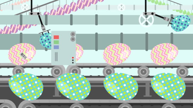 Huevos-de-Pascua-coloridos-en-un-estilo-de-dibujos-animados-de-transportador-de-fábrica