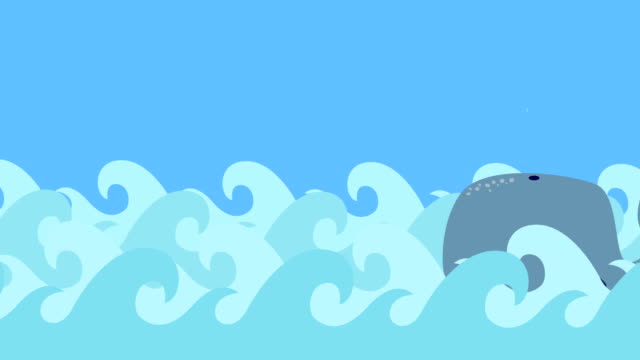Ballena-de-dibujos-animados-nada-en-el-mar-en-un-cielo-azul