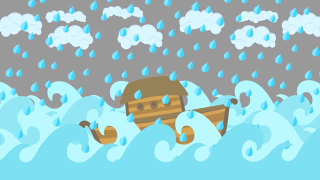 Noahs-Ark-Floating-In-The-Middle-Of-The-Sea-With-Cloudy-Sky-And-Rain